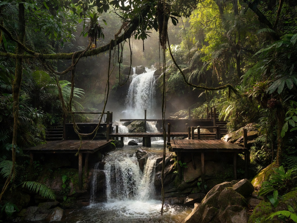 Hidden jungle waterfall terrace with wooden platforms and hanging vines