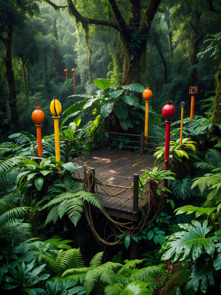 Treetop observation deck surrounded by rainforest leaves and fruit-colored signal posts