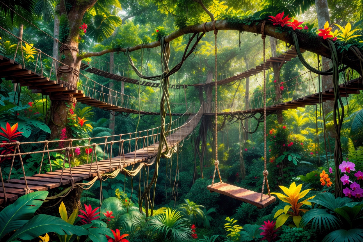 Vibrant tropical jungle canopy with suspended wooden walkways and swinging vines